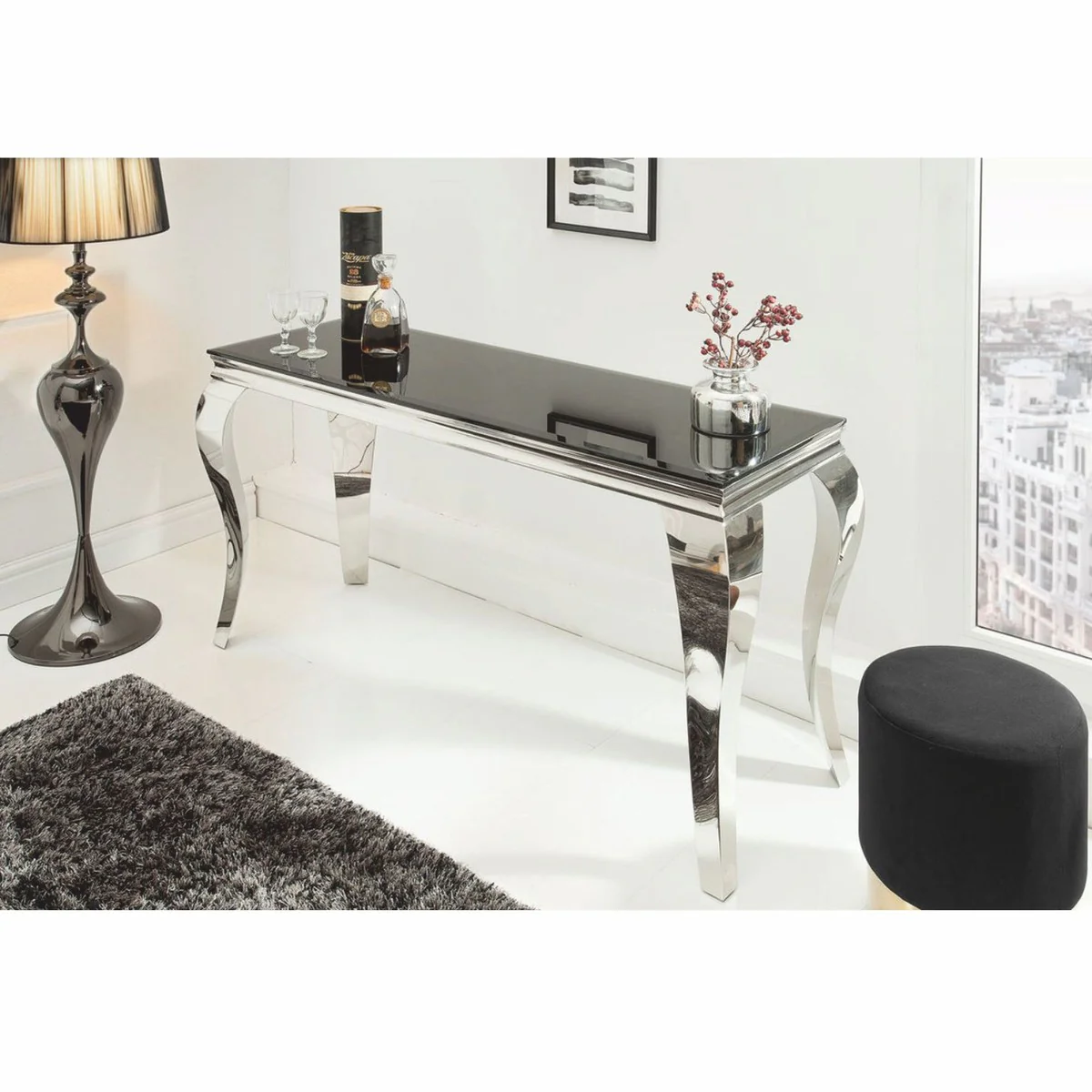 Baroque stainless steel console with glass top silver / black 145 cm