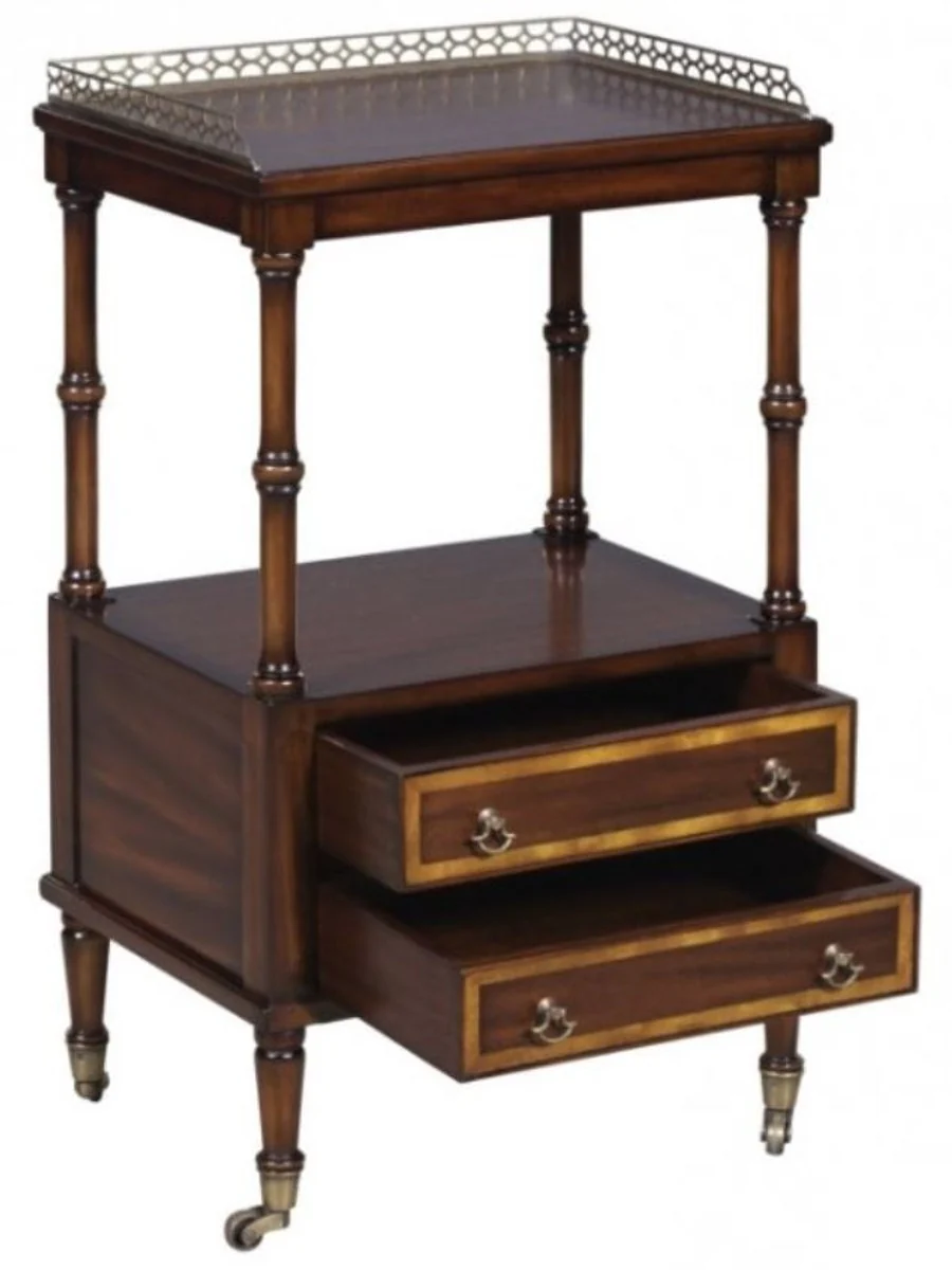 Luxury Art Nouveau side table with 2 drawers dark brown / gold 42 x 33 x H. 74 cm - telephone table with wheels