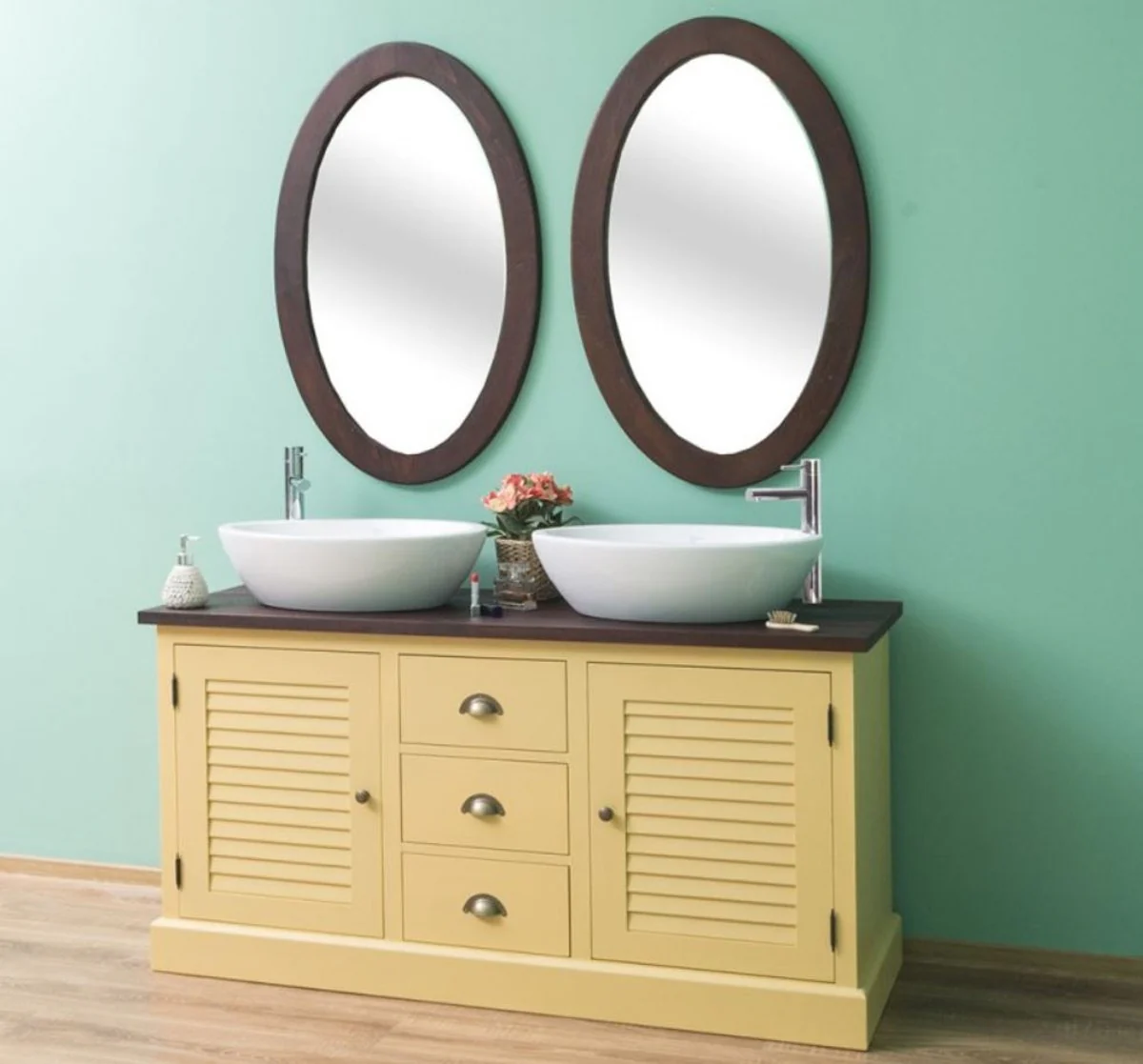 Country house style bathroom set yellow / dark brown - 1 double washbasin & 2 wall mirrors - solid wood bathroom furniture in country house style