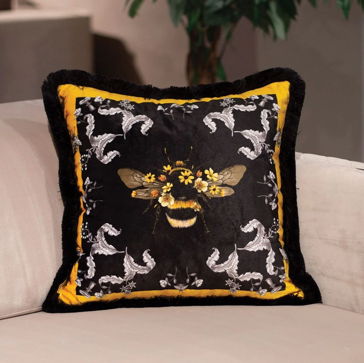 Luxury decorative cushion bumblebee & flowers multicolored / black 45 x 45 cm - printed velvet cushion with fringes - luxury decorative accessories