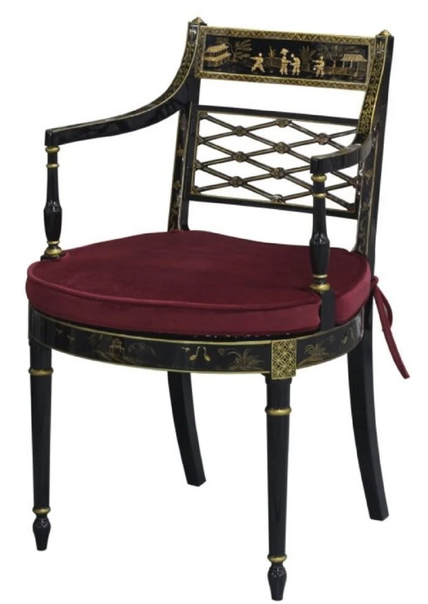 Luxury baroque dining chair with armrests black / gold / burgundy 57 x 58 x H. 90 cm - dining room furniture