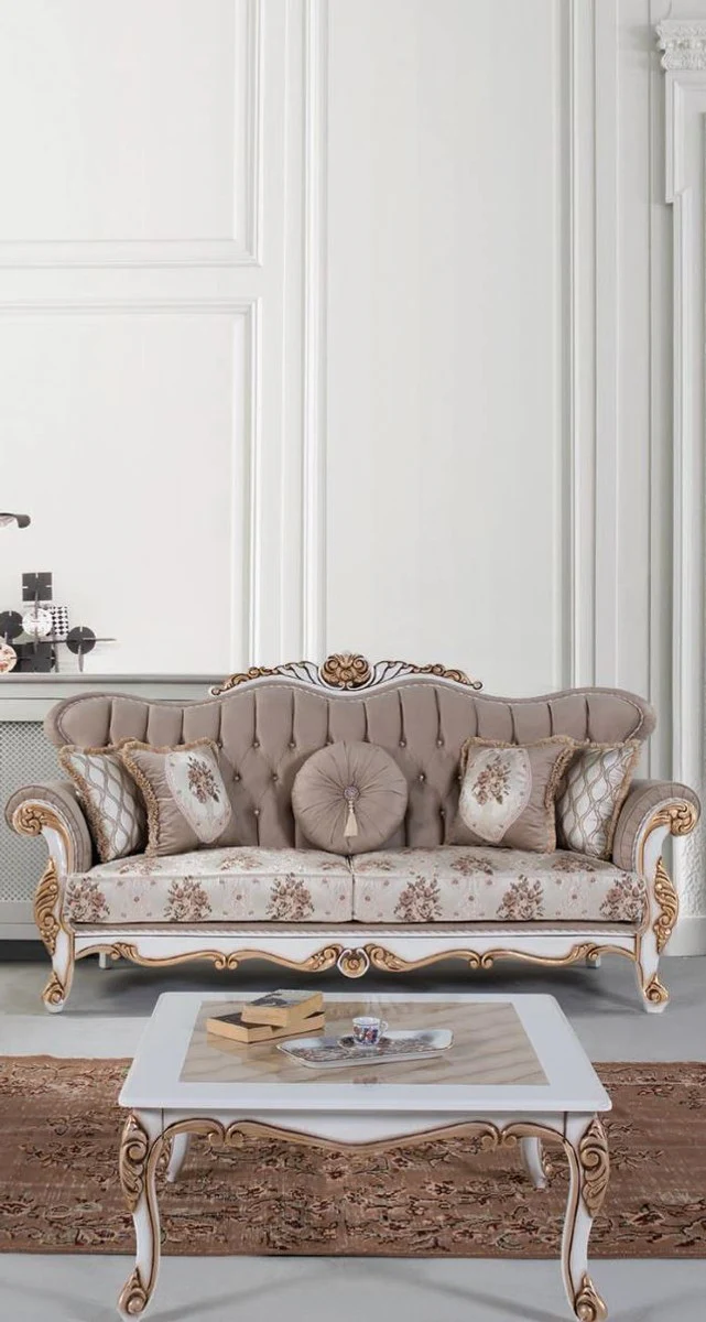 Luxury baroque coffee table beige / white / bronze 89 x 65 x H. 45 cm - solid wood living room table in baroque style - baroque living room furniture