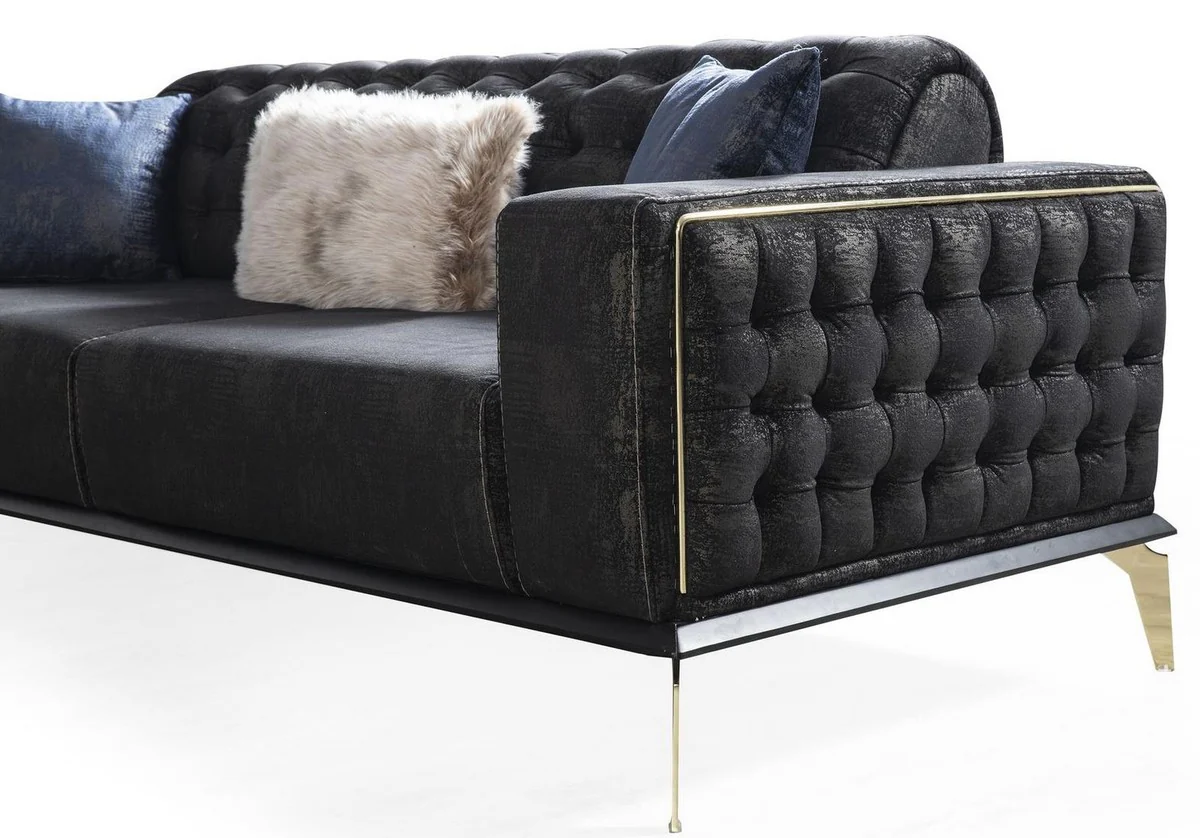 Luxury Art Deco Chesterfield sofa black / gray / brass 236 x 99 x H. 86 cm - Elegant living room sofa with decorative cushions - Luxury quality