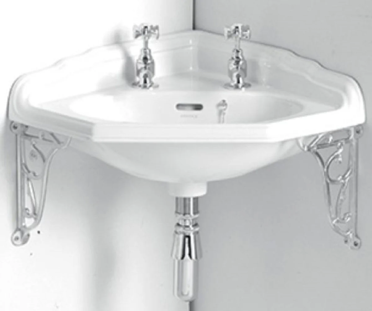 Luxury Art Nouveau corner washbasin white / silver 63.5 x 49.5 x H. 23 cm - Porcelain 2-hole washbasin with wall mount - Bathroom furniture