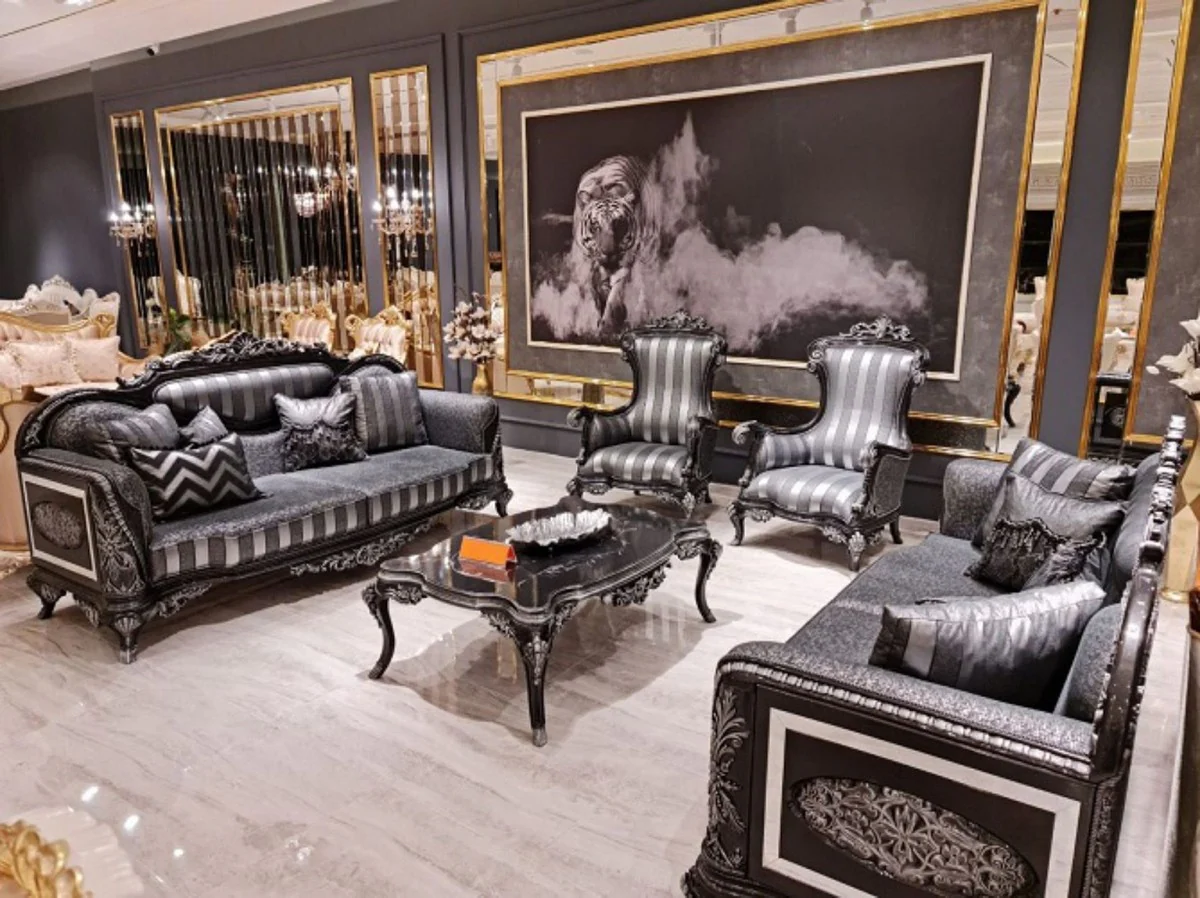 Luxury Baroque Living Room Set Gray / Black / Silver - 2 Baroque Sofas & 2 Baroque Armchairs & 1 Baroque Coffee Table - Baroque Living Room Furniture