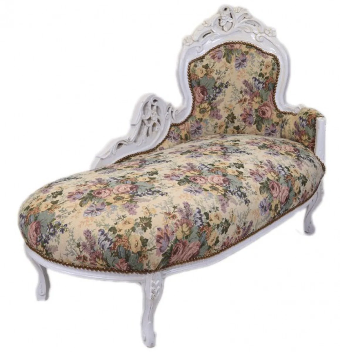 Baroque chaise longue floral pattern / antique white - furniture lounge lounger chaise longue