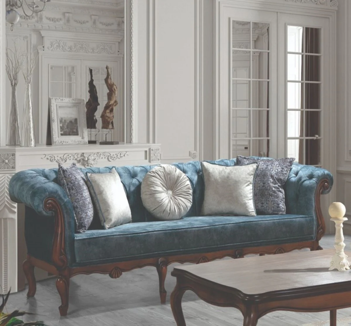 Luxury Baroque Living Room Set Blue / Gray / Brown - 2 Sofas & 2 Armchairs & 1 Coffee Table - Living Room Furniture in Baroque Style - Noble & Magnificent
