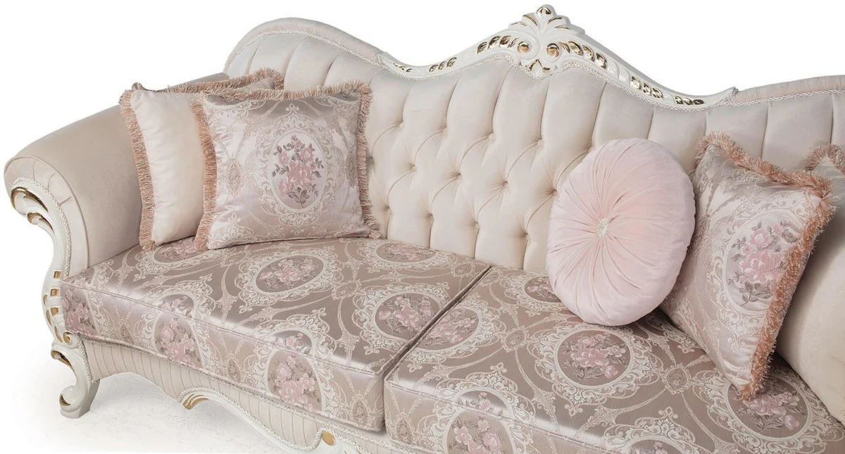 Luxury baroque sofa pink / white / gold 237 x 90 x H. 99 cm - living room couch with decorative pillows - baroque furniture
