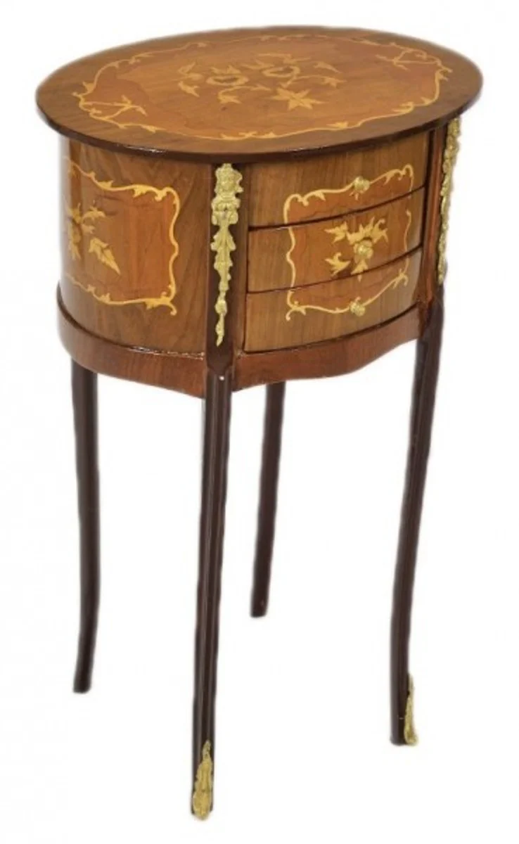 Baroque chest of drawers mahogany inlaid / gold with 3 drawers oval - bedside cabinet antique style