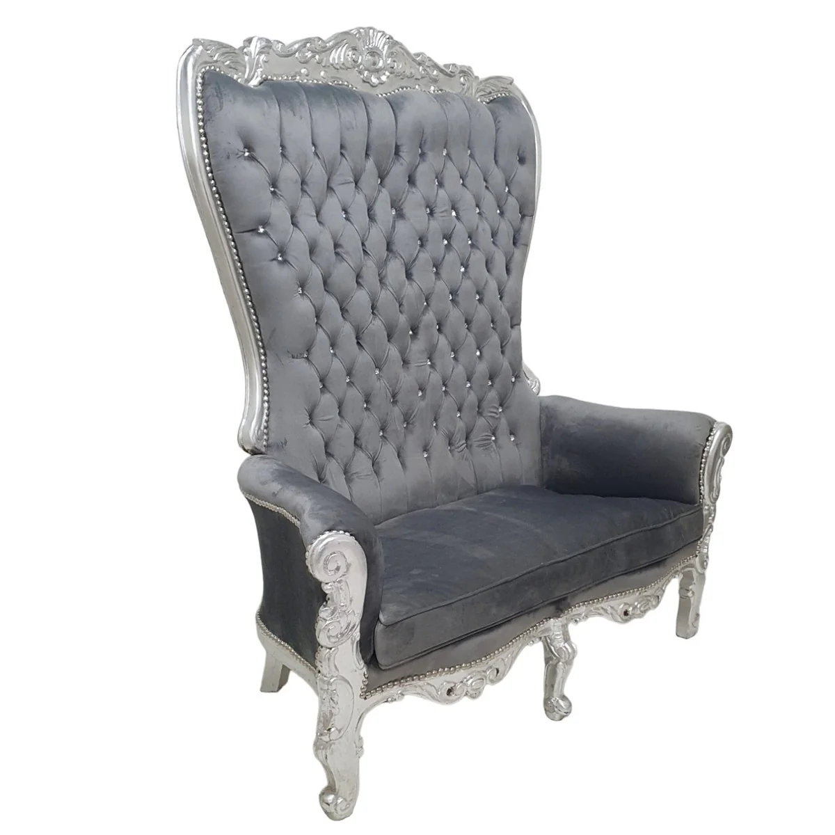 Baroque Double Throne Armchair Gray Silver Bling Stones Furniture