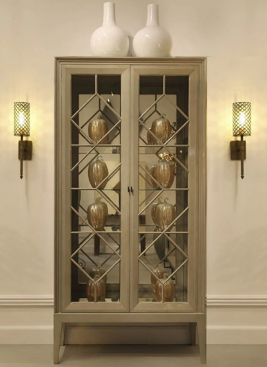 Luxury display cabinet gray 110 x 42 x H. 220 cm - Elegant solid wood display cabinet with 2 glass doors - Luxury living room furniture