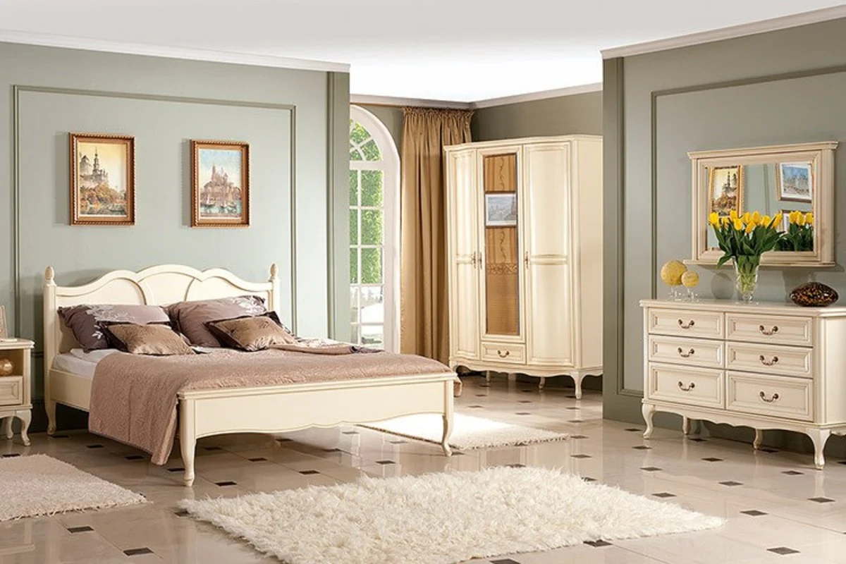 Luxury Art Nouveau solid wood chest of drawers with 6 drawers cream color 135 x 42.5 x H. 86.6 cm - Baroque & Art Nouveau bedroom furniture