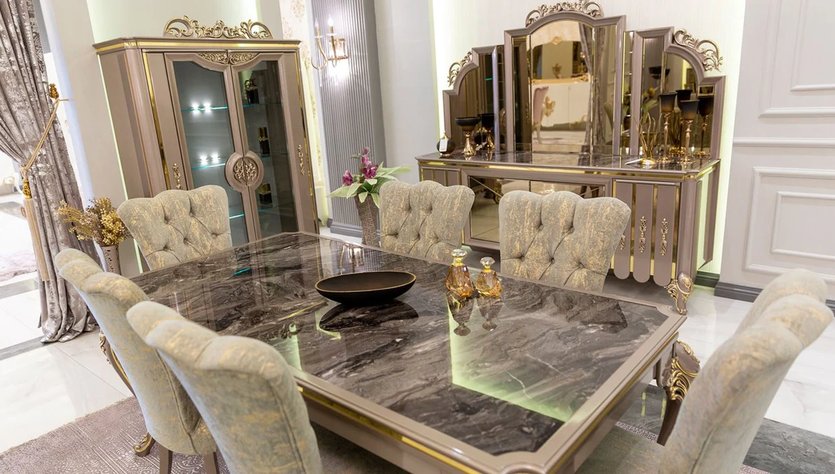 Luxury baroque display cabinet gray / gold 130 x 48 x H. 191 cm - Magnificent display cabinet with 2 glass doors and 3 glass shelves - Baroque furniture