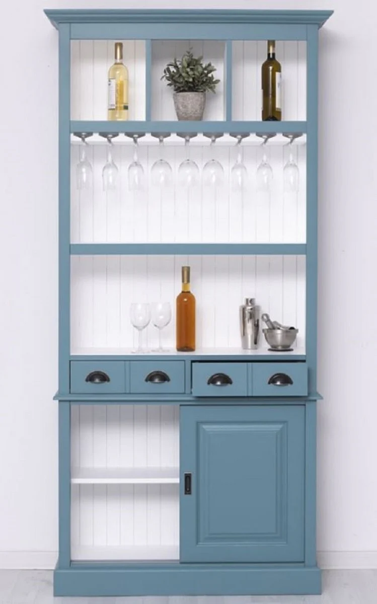 Country house style solid wood bar cabinet blue / white 103 x 36 x H. 210 cm - Solid wood wine cabinet in country house style - Solid wood bar furniture - Country house style bar furniture