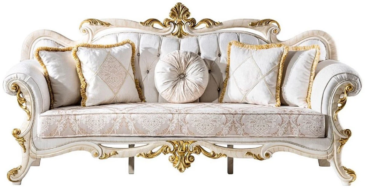 Luxury Baroque Living Room Set White / Brown / White / Beige / Gold - 2 Baroque Sofas & 2 Baroque Armchairs & 1 Baroque Coffee Table - Luxury Living Room Furniture in Baroque Style - Baroque Furniture