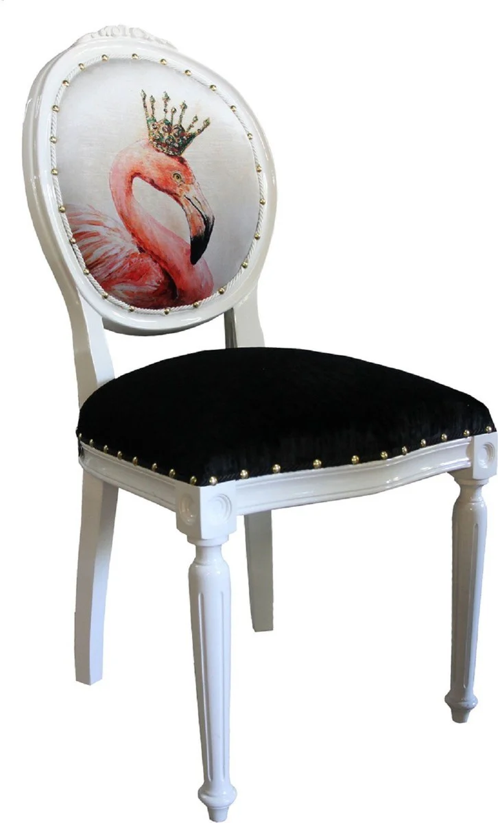 Luxury baroque dining room set flamingo with crown white / black / multicolored 48 x 50 x H. 98 cm - 6 handmade dining chairs with bling bling glitter stones - baroque dining room furniture