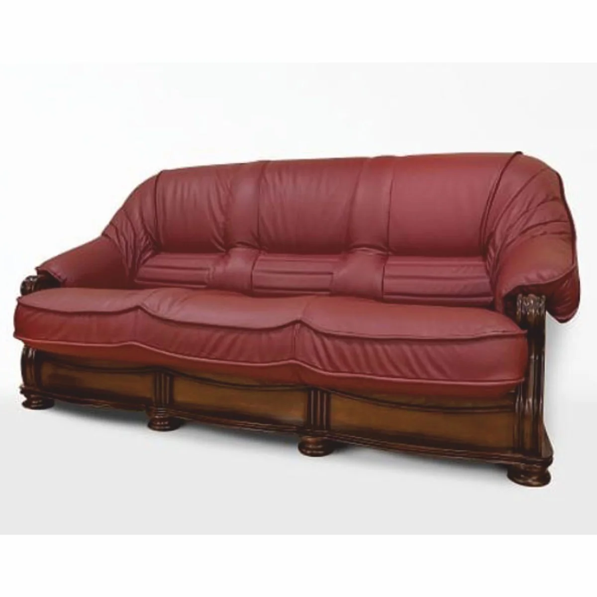 Luxus Barock Leder Sofa Bordeauxrot / Braun 220 cm - Barock Möbel