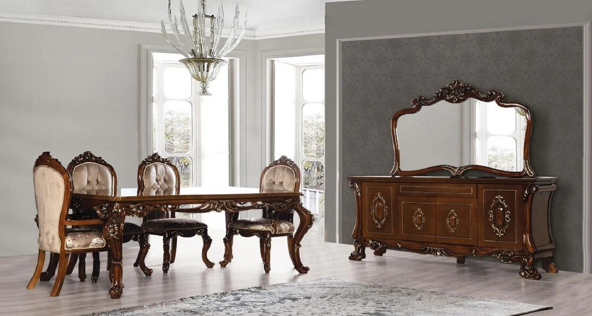 Luxury Baroque Dining Room Set Gray / Brown / Gold - 1 Baroque Dining Table & 6 Baroque Dining Chairs - Dining Room Furniture in Baroque Style - Noble & Magnificent