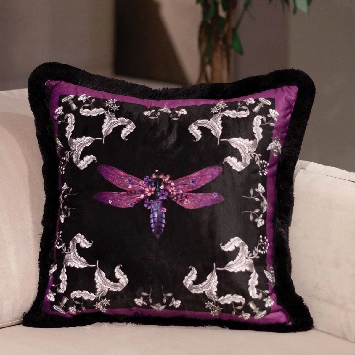 Luxury decorative cushion dragonfly & flowers purple / gray / black 45 x 45 cm - printed velvet cushion with fringes - luxury decorative accessories