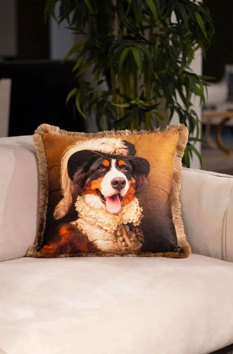 Luxury decorative cushion Lord St. Bernard multicolored / brown 45 x 45 cm - printed velvet cushion with fringes - luxury decorative accessories