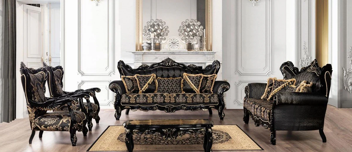 Luxury Baroque Living Room Set Black / Gold - 2 Sofas with Pattern & 2 Armchairs with Pattern & 1 Coffee Table - Magnificent Baroque Living Room Furniture