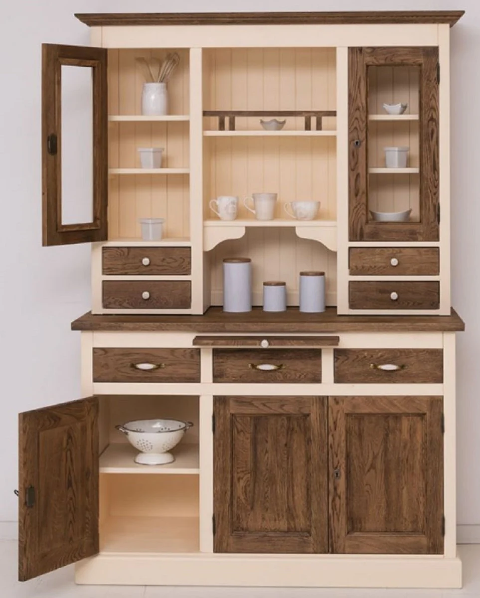Country house style dining room cabinet cream / dark brown 137 x 50 x H. 197 cm - solid wood kitchen cabinet - dining room furniture in country house style - country house style dining room furnishings