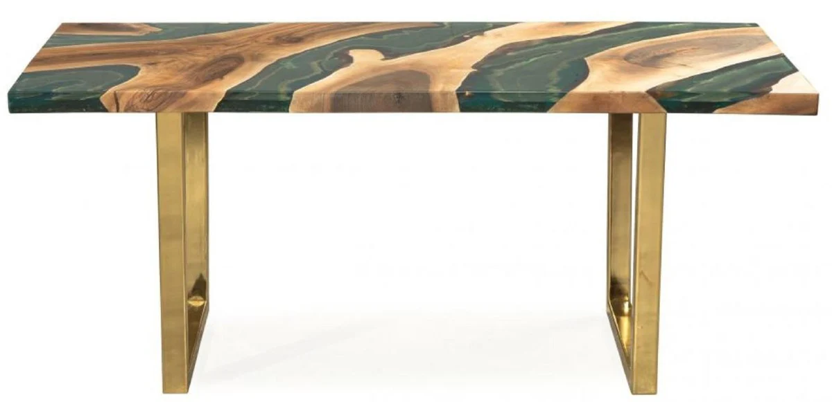 Luxury dining table natural colors / brown / green / gold 160 x 80 x H. 76 cm - Rectangular kitchen table with epoxy resin - Dining room furniture - Epoxy resin furniture - Luxury furniture