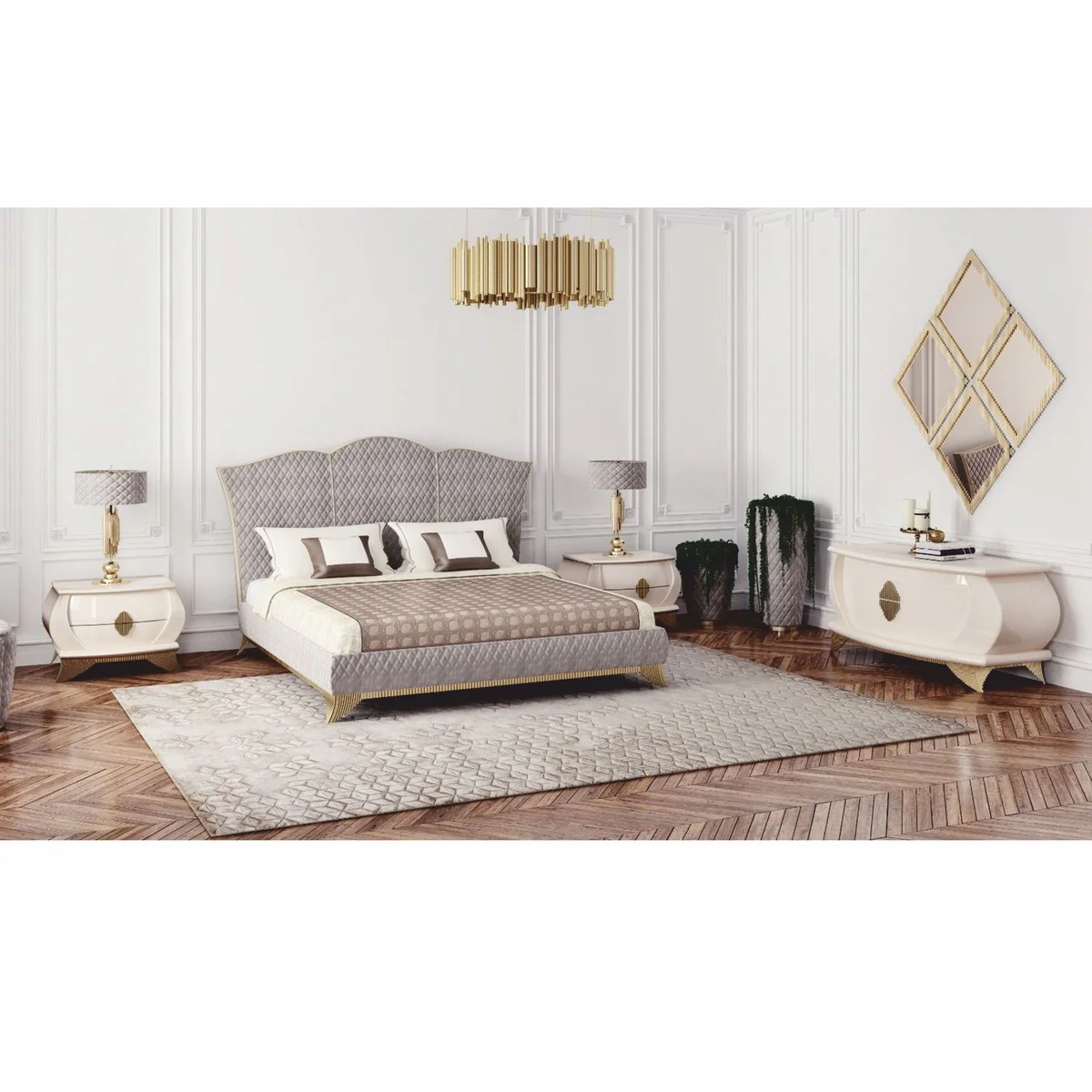 Luxury Art Deco Double Bed Gray / Gold - Bedroom & Hotel Furniture
