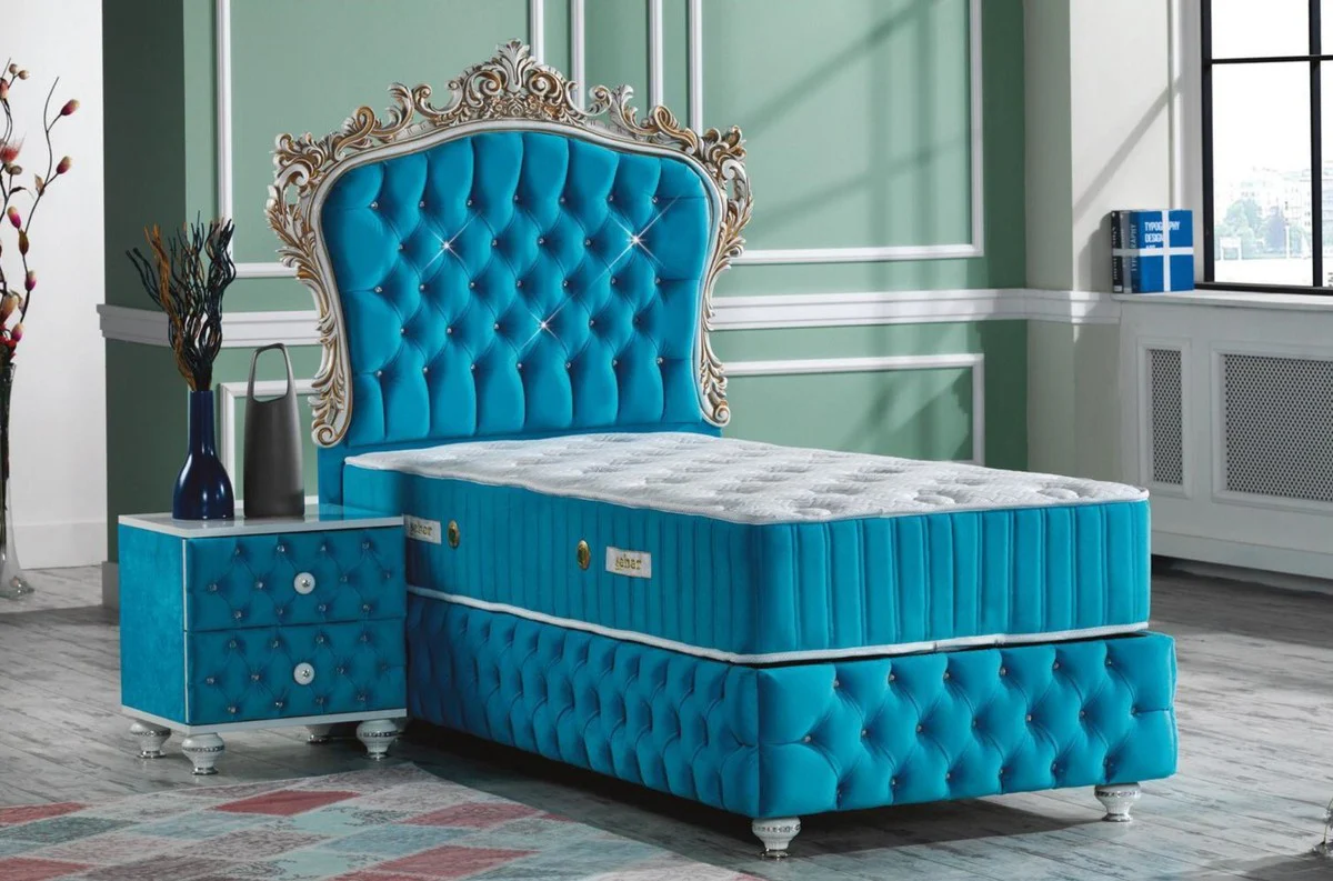 Baroque bedside table with rhinestones and 2 drawers turquoise / white / silver 50 x 50 x H. 50 cm - Side table in baroque style - Baroque bedroom furniture