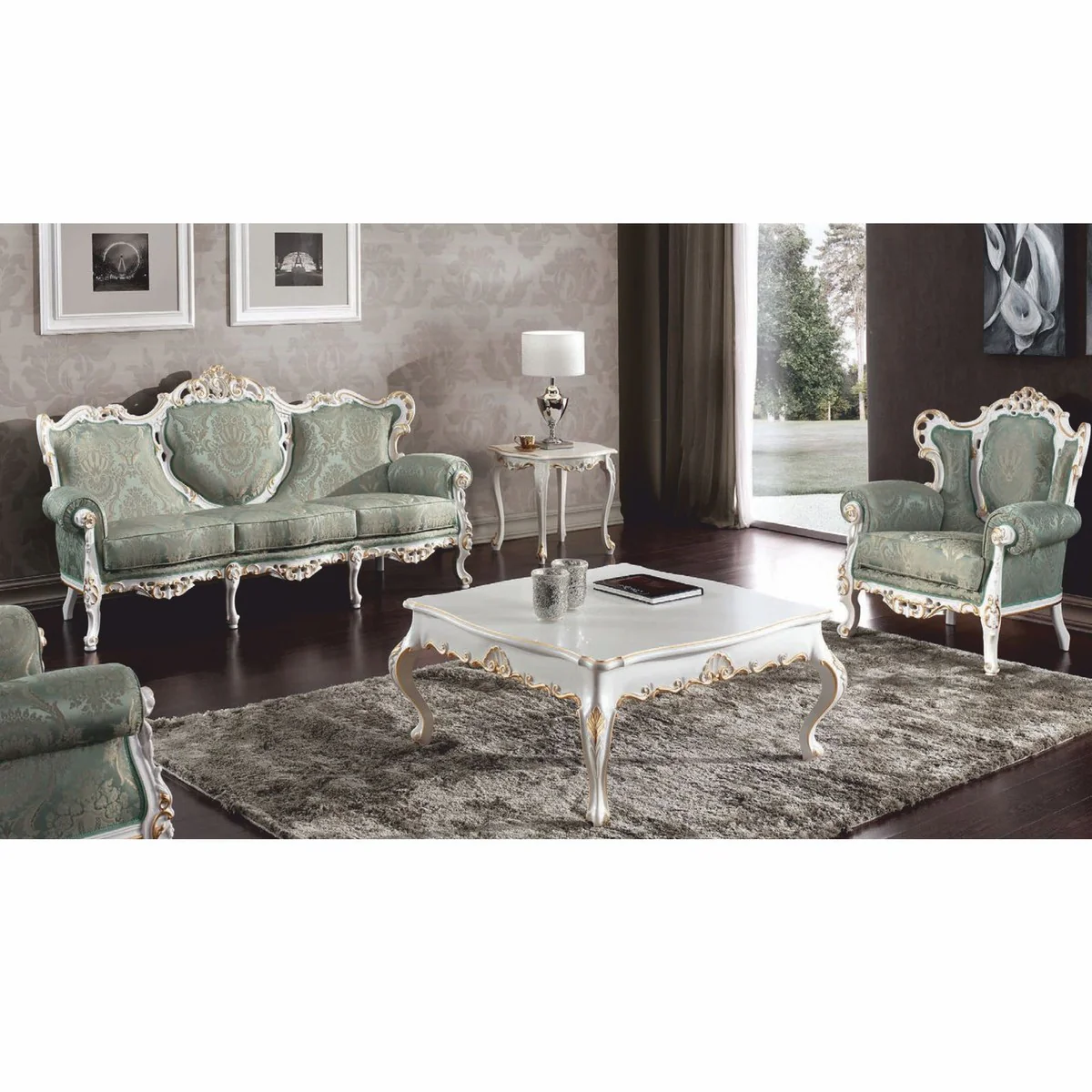 Luxury Baroque Living Room Sofa Green / White / Gold 210 cm - Made in Italy