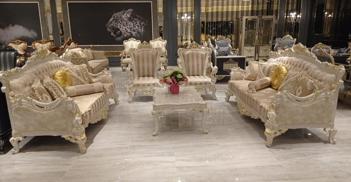 Luxury Baroque Living Room Set Gray / Gold - 2 Baroque Sofas with Pattern & 2 Baroque Armchairs with Pattern & 1 Baroque Coffee Table - Baroque Living Room Furniture