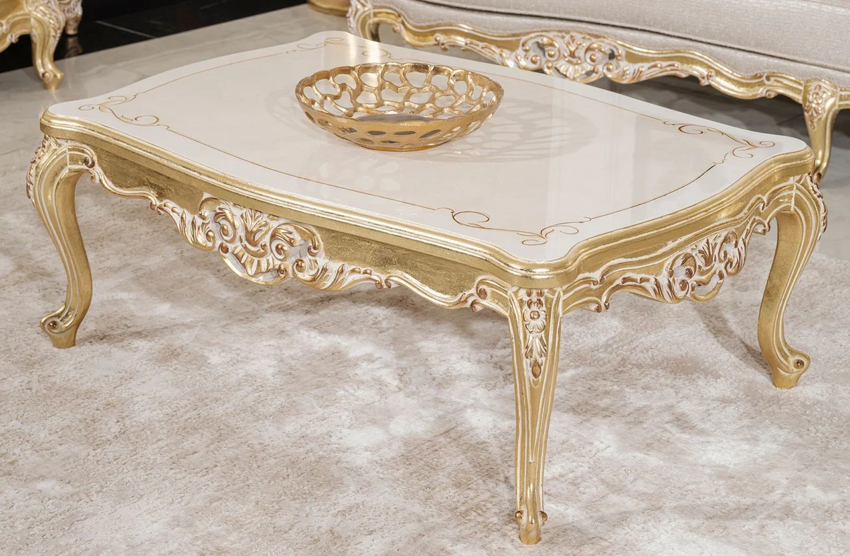 Luxury Baroque Coffee Table Gold / Cream / White - Handcrafted Solid Wood Living Room Table in Baroque Style - Luxury Living Room Furniture in Baroque Style - Baroque Furniture - Noble & Magnificent