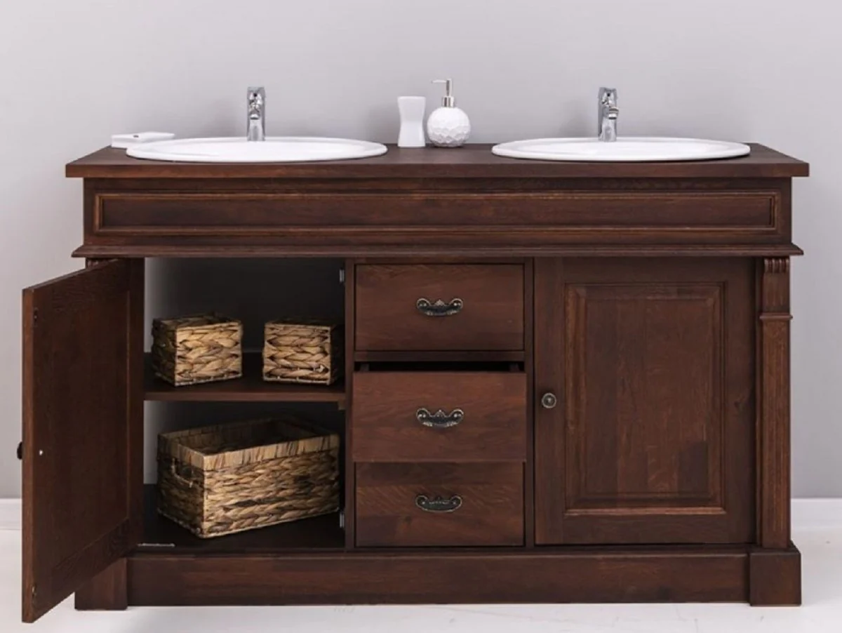 Country house style double sink cabinet with 2 ceramic sinks dark brown / white 150 x 51 x H. 91 cm - Solid wood bathroom furniture in country house style - Country house style furniture