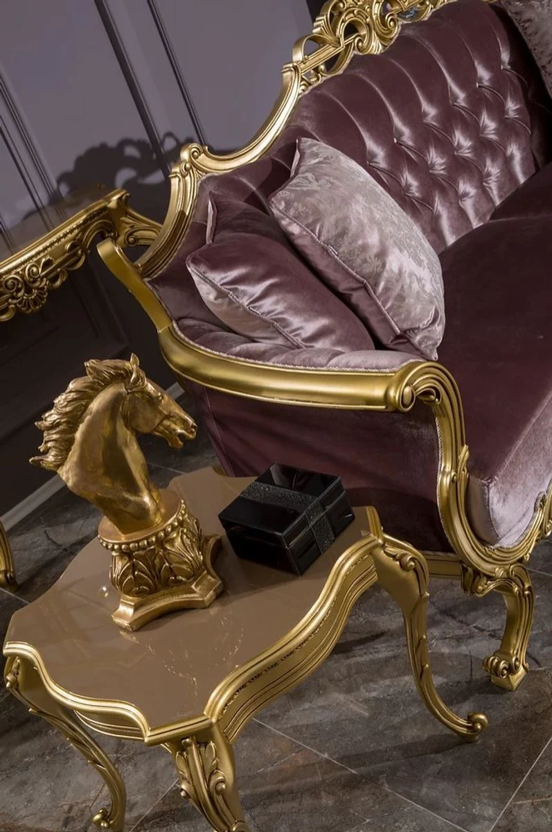 Luxury baroque velvet sofa lilac / gold 226 x 84 x H. 109 cm - Magnificent living room sofa with decorative pillows - Living room furniture in the baroque style