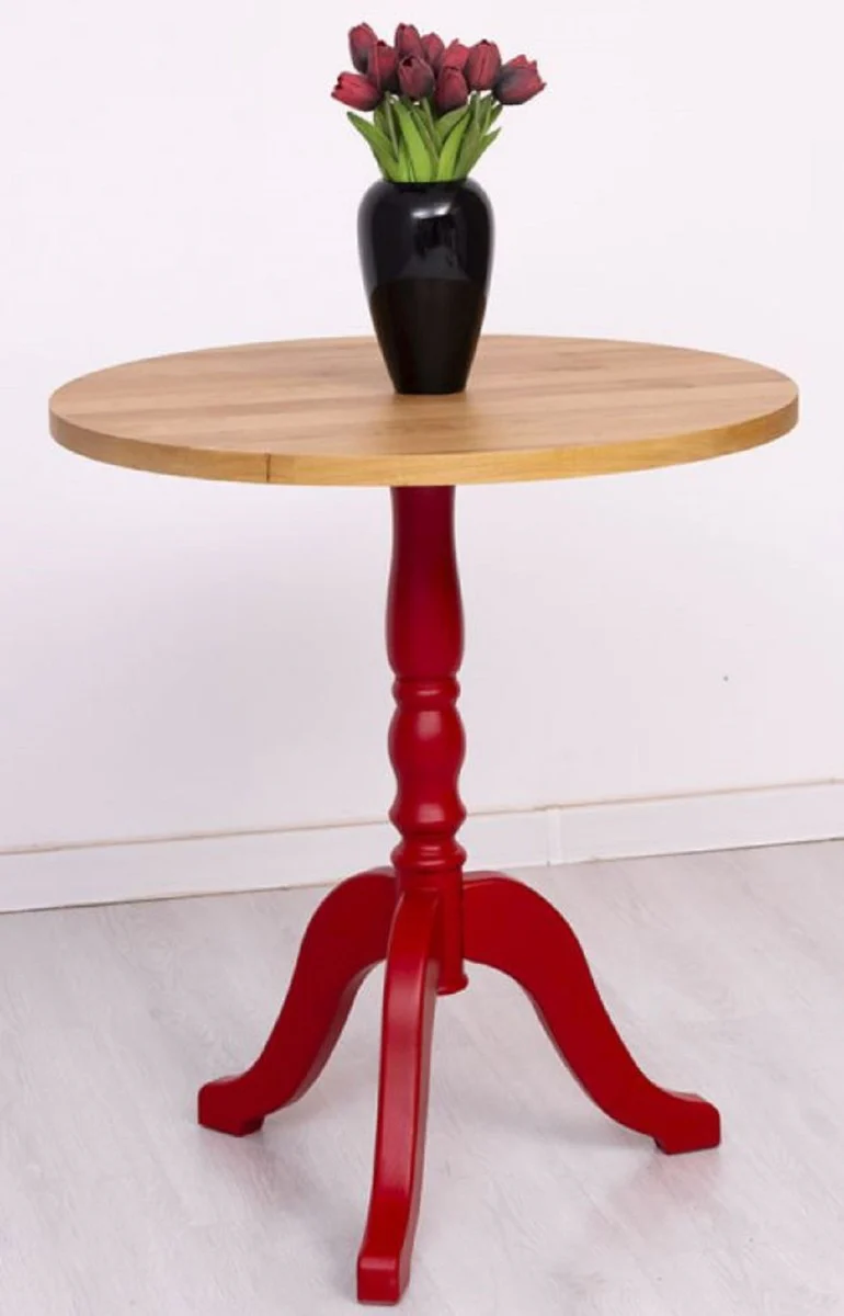 Country house style dining table natural colors / red Ø 70 x H. 78 cm - Round solid wood kitchen table - Dining room furniture in country house style - Solid wood dining room furniture - Country house style furniture
