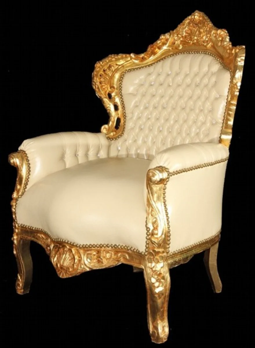 Baroque armchair King cream leather look / gold with bling bling glitter stones
