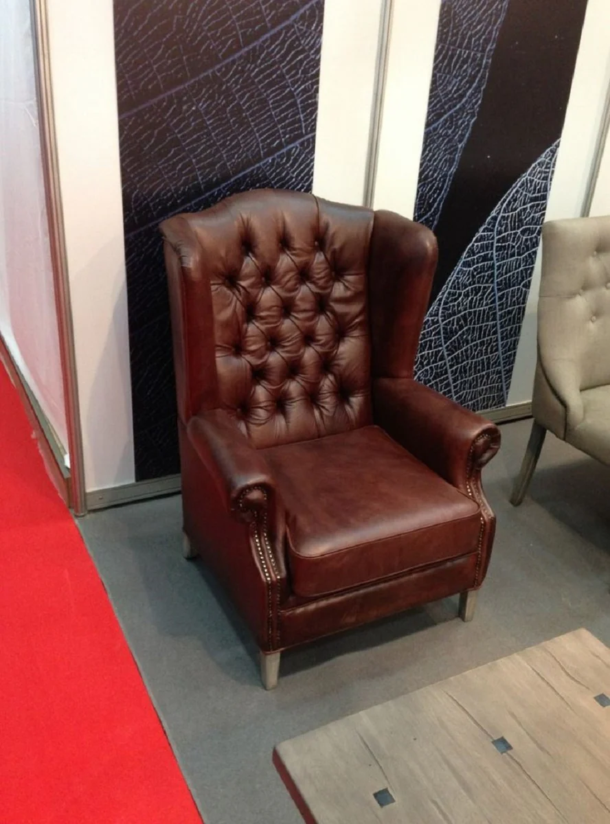 Luxury Chesterfield Leather Wing Chair Brown / Gray - Chesterfield Genuine Leather Living Room Armchair - Living Room Furniture - Chesterfield Furniture - Real Leather Furniture - Luxury Furniture