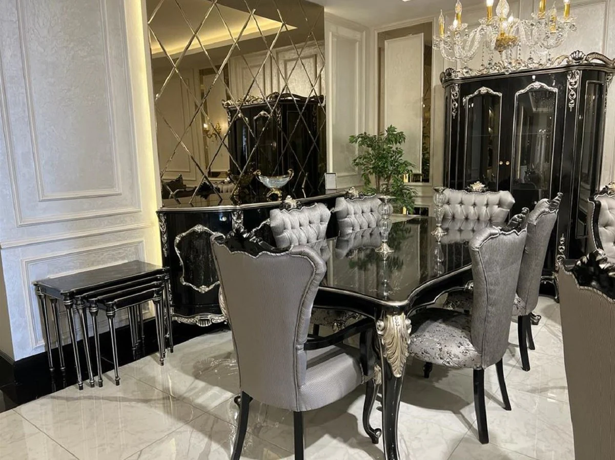 Luxury baroque display cabinet black / silver - magnificent solid wood display cabinet with 2 glass doors - handmade baroque furniture - noble and magnificent