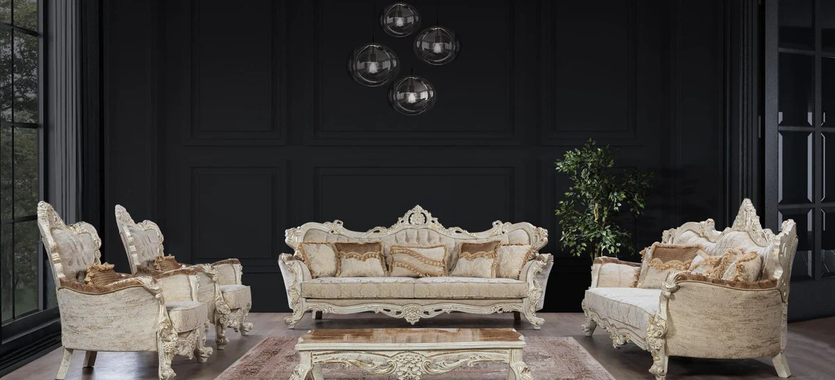 Luxury Baroque Living Room Set Beige / Brown / Antique White / Gold - 2 Baroque Sofas with Pattern & 2 Baroque Armchairs with Pattern & 1 Baroque Coffee Table - Baroque Living Room Furniture