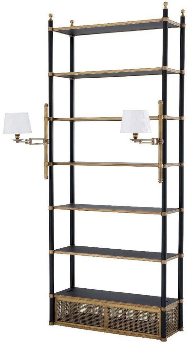 Luxury shelf cabinet with 2 swiveling lights vintage brass / black 105 x 44 x H. 250 cm - bookcase - living room cabinet - office cabinet - luxury furniture