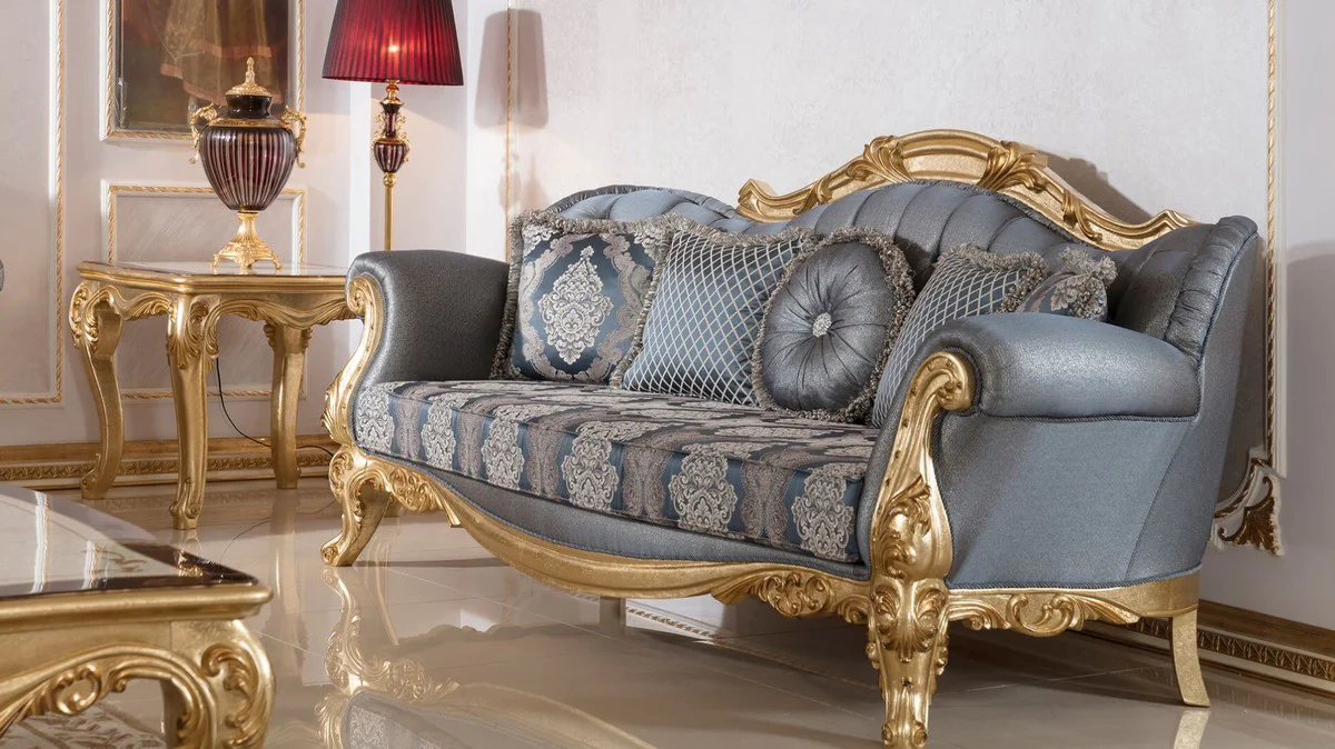 Luxury Baroque Living Room Set Blue / Gold - 2 Baroque Sofas & 2 Baroque Armchairs & 1 Baroque Coffee Table - Luxury Living Room Furniture in Baroque Style - Baroque Furniture - Baroque Furnishings