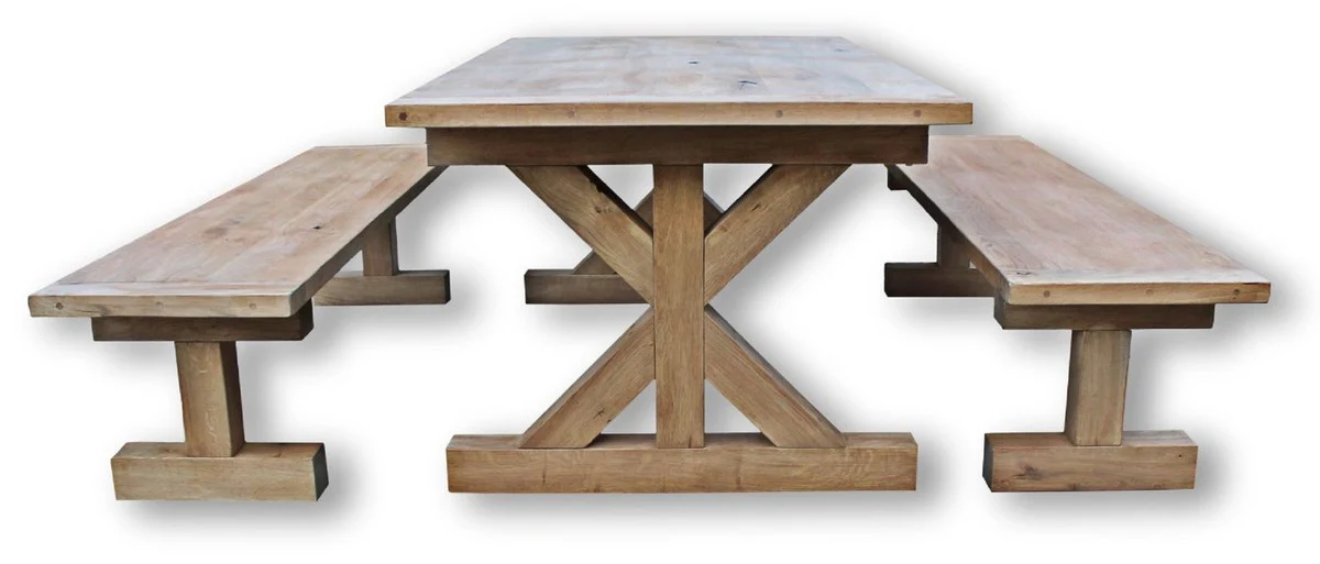 Solid wood dining room set natural colors - oak wood dining table with 2 benches - dining room furniture - restaurant furniture - rustic oak wood furniture