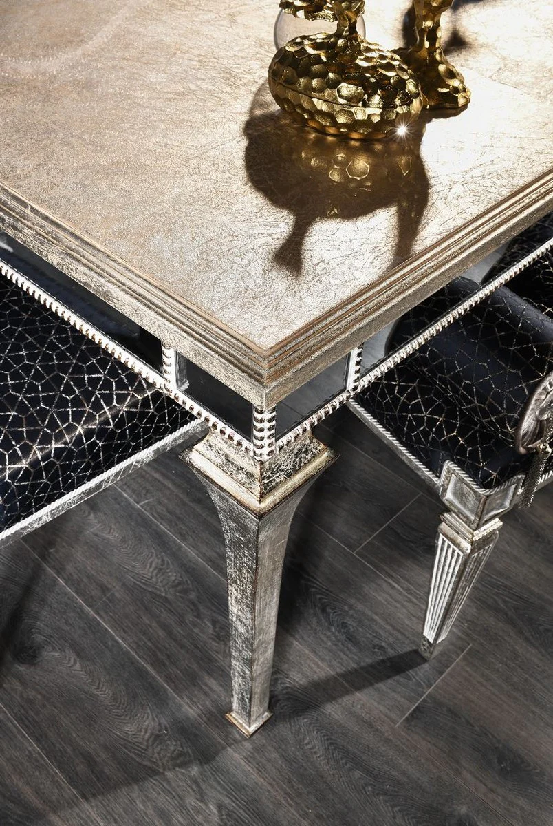 Luxury baroque dining table antique silver 200 x 112 x H. 85 cm - solid wood kitchen table with mirror glass - elegant dining room furniture in baroque style
