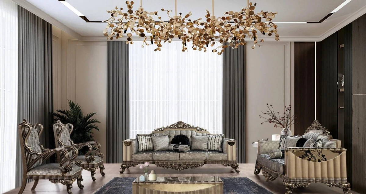 Luxury Baroque Living Room Set Silver / Black / Gold - 2 Baroque Sofas & 2 Baroque Armchairs & 1 Baroque Coffee Table - Baroque Living Room Furniture