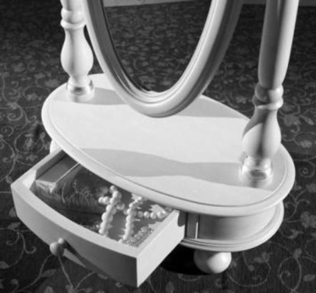 Luxury baroque standing mirror light gray / silver 62 x 37 x H. 169 cm - Oval bedroom mirror with drawer - Luxury quality - Made in Italy