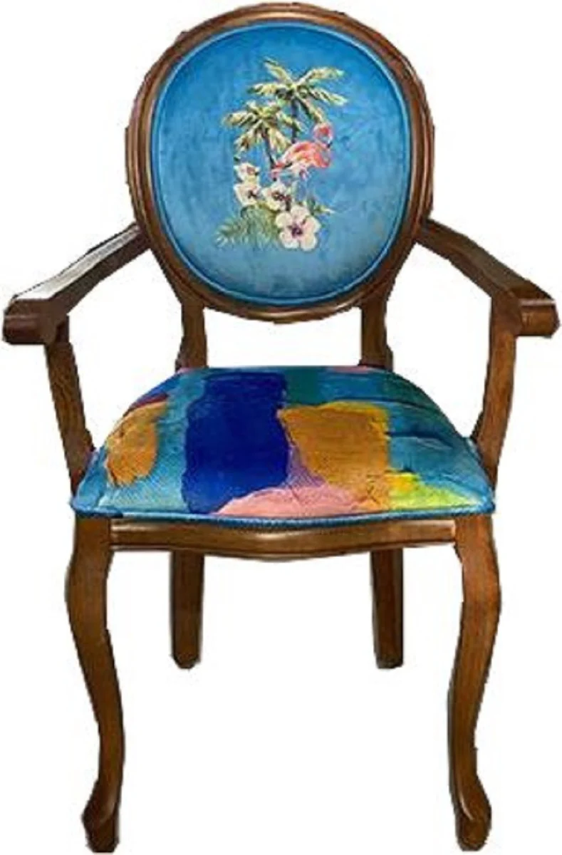 Baroque dining room chair blue / multicolored / brown - handmade antique style chair with armrests - dining room furniture in baroque style