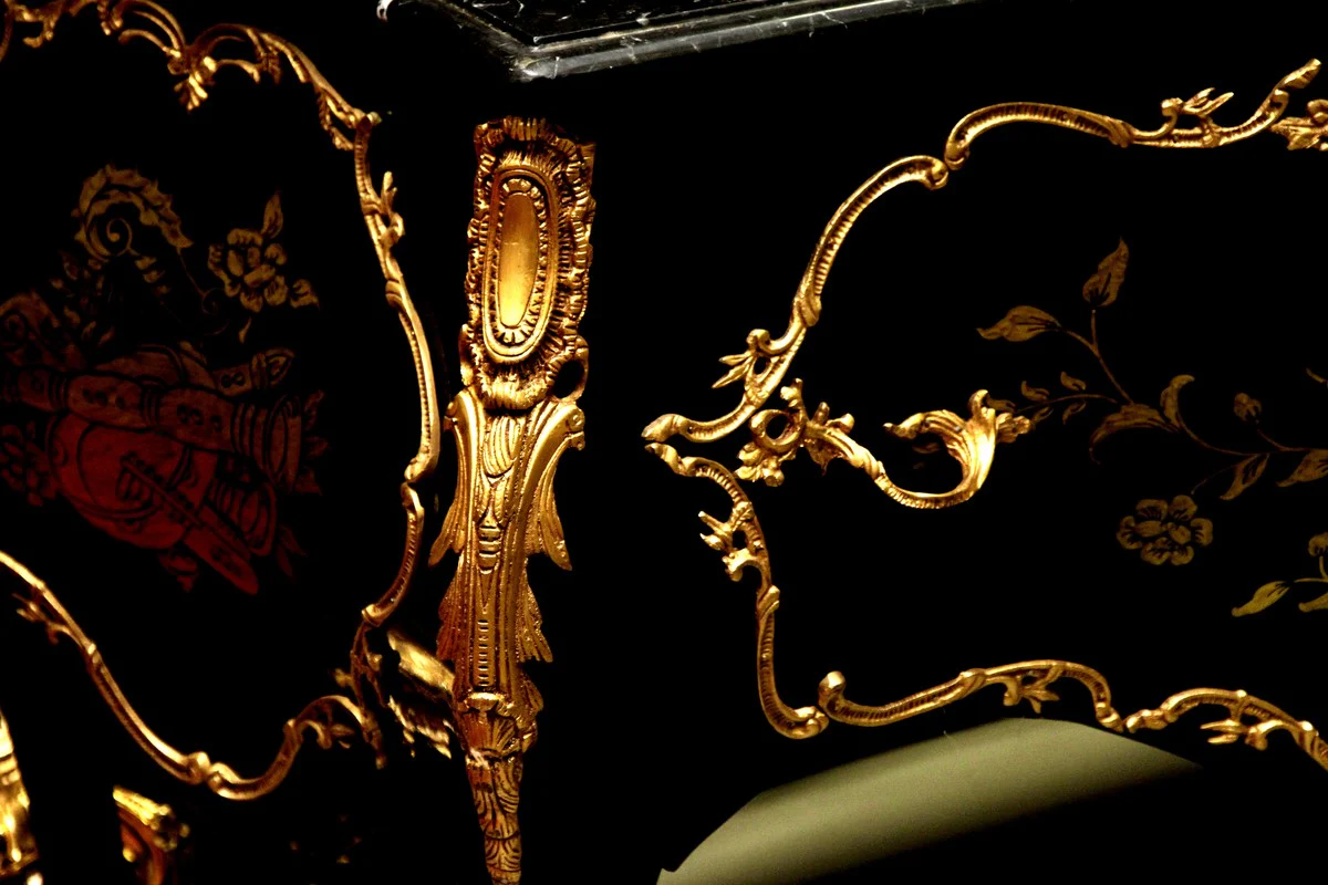 Baroque chest of drawers black / gold 130 cm with metal applications and marble top