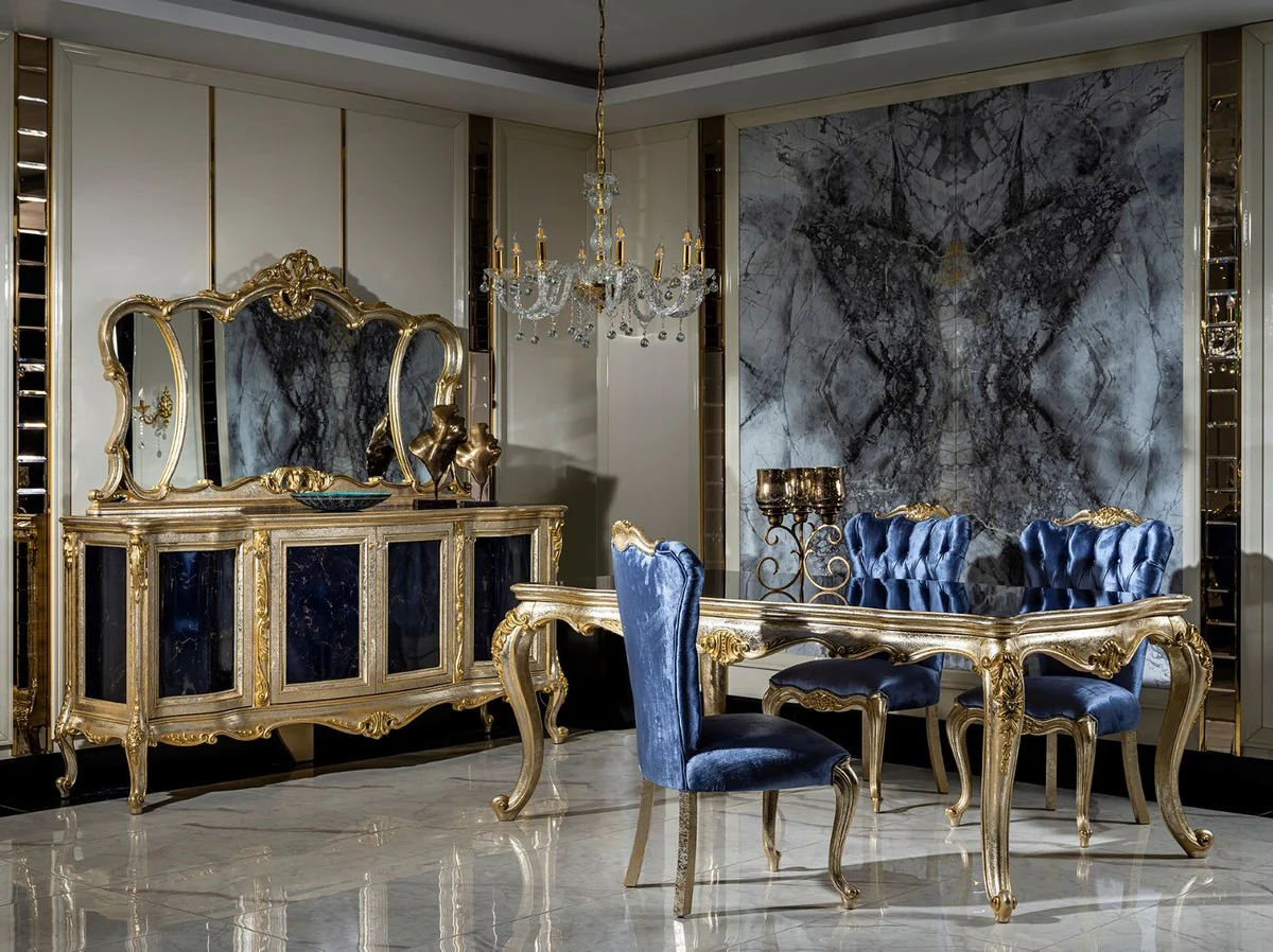 Luxury Baroque Dining Room Set Blue / Silver / Gold - 1 Dining Table & 6 Dining Chairs - Baroque Dining Room Furniture - Noble & Magnificent