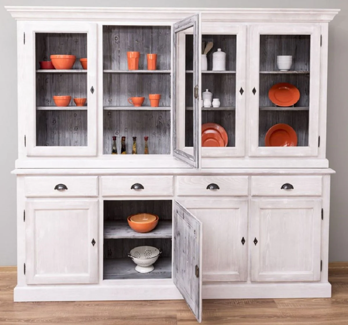 Country house style dining room cabinet light gray / gray 230 x 45 x H. 200 cm - solid wood kitchen cabinet - dining room furniture in country house style - country house style dining room furnishings