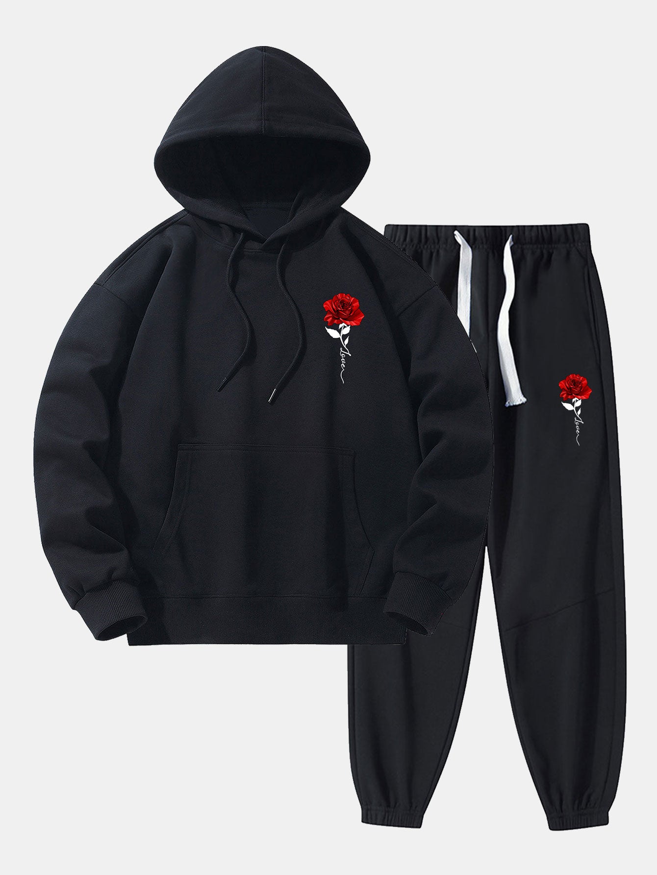 Rose Print Cotton Blend Hoodie & Jogger Pants